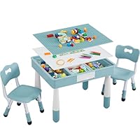 4 in 1 Kids Table and 2 Chairs Set, Toddler Table and Chair Set for Kids Ages 3-10, Activity Tables for Building Blocks/Drawing/Reading/Dining，Gift for Boy & Girl (Grayish Blue)