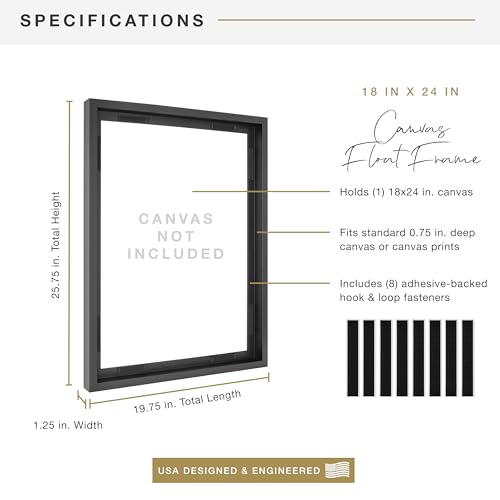 Image of MCS Canvas Float Frames 18x24 Frame, Black Frame for Finished Canvases, Vertical & Horizontal Wall Hanging Large Frame with Adhesive for Canvas Paintings (1-Pack)