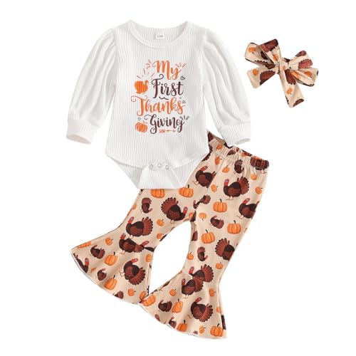 My First Thanksgiving Baby Girl Outfit Newborn Turkey Romper Bell Bottom Pants Headband Baby Thanksgiving Clothes