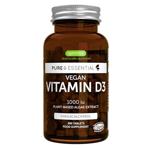 Igennus Vitamina D3 Vegana 1000 UI, 365 Comprimidos | Algas Naturales de Origen Vegetal, Comprimidos Pequeños para Niños y Adultos, 1 al Día, Suministro para 1 año