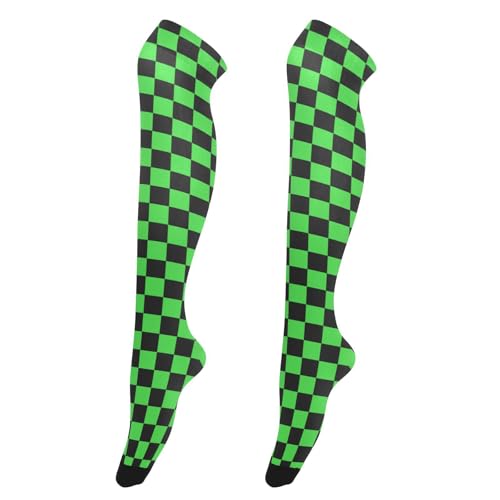 Buffalo Plaid Check Black Lime Green Thigh High Socks for Women Cute Thighs High Socks for Brides cute leg warmers for Proms medias brillantes para mujer 1 pair