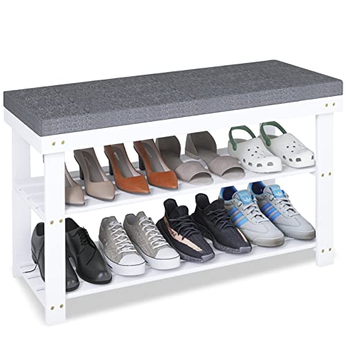 SMIBUY Banco Zapatero, Organizador de Zapatos de bambú Resistente de 3 Niveles con cojín, Estante de Almacenamiento para Entrada, Pasillo, Dormitorio o Sala de Estar, 87 x 30 x 49 cm, (Blanco y Gris) Cover