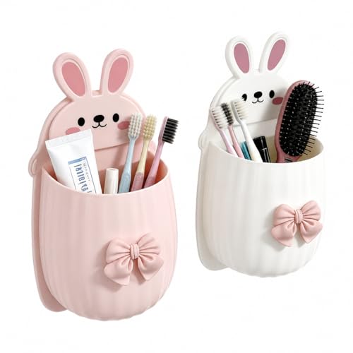 Image of Cute Rabbit Wall Mounted Toothbrush Holder | Self-Adhesive Bathroom Organizer for Toothbrush Toothpaste Comb & Cosmetics | Cartoon Bunny Storage Pocket for Kids Bathroom Accessories (Pack of 2)