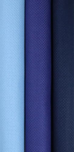 Image of KCS 3 pc of 15 inch x 18 inch(38cmx45cm) 16 Count Cross Stitch Cotton Aida Cloth Needlework Rolled Fabric Box,16CT,Light Blue+Royal Blue+Navy Blue