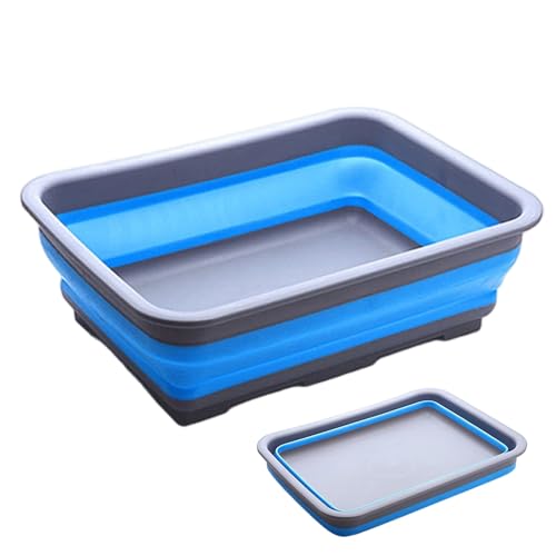 Barreño Plegable 10L, Cubeta de Silicona y PP para Cocina, Camping y Limpieza, Recipiente Plegable Multiusos para Verduras, Lavado y Almacenamiento（Bleu-Gris）