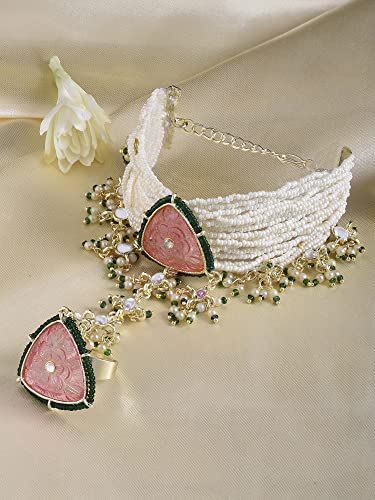 Women's Pink & Green Multistrand Bridal Hand Harness