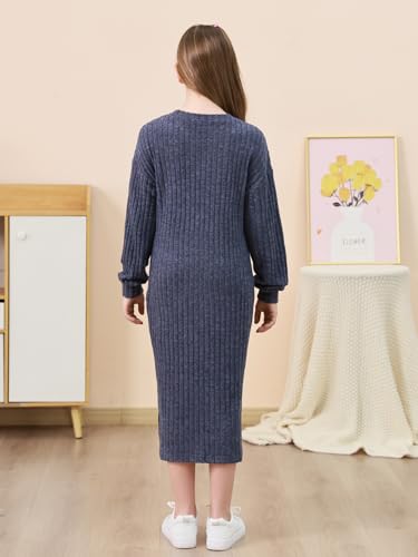 GORLYA Girls Long Sleeve Casual Sweater Rib Knit Split Straight Shift Midi Dress 6-16Y2