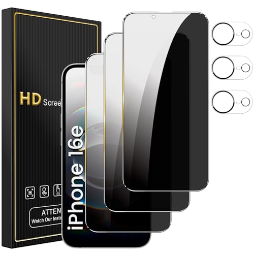 Romkasi 3 Pack Privacy Screen Protector for iPhone 16e 6.1 Inch with 3 Pack Camera Lens Protector Anti Spy Tempered Glass Film Anti-Scratch Touch Sensitive Case Friendly