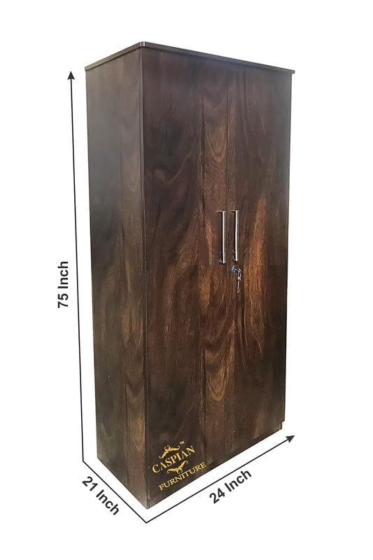 Image of CASPIAN Engineered Wood 2 Door Wardrobe (Black Wenge) | Pre-Assembled Furniture | Cupboard /Almirah for Bedroom Clothes Storage Organizer with 6 Shelves and Key Lock