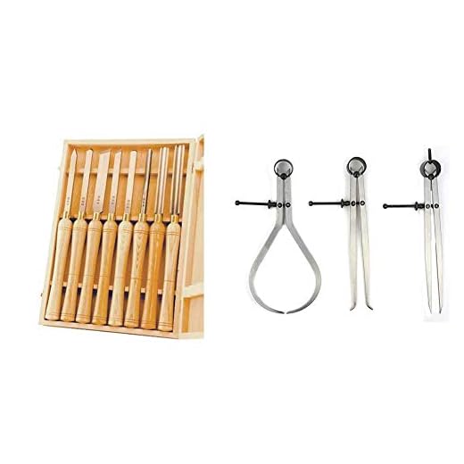 PSI Woodworking LCHSS8 Wood Lathe 8pc HSS Chisel Set & Big Horn 19053C 3 Pieces 8-Inch Spring Caliper/Divider Set