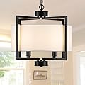 HFYOXK Modern Drum Chandelier Kitchen Island Lights, 4 Light Adjustable Rustic Island Pendant Lighting, Black Farmhouse Dining Room Hanging Light Fixture for Bedroom Living Room Hallway
