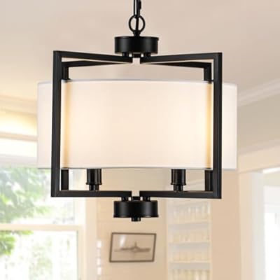 HFYOXK Modern Drum Chandelier Kitchen Island Lights, 4 Light Adjustable Rustic Island Pendant Lighting, Black Farmhouse Dining Room Hanging Light Fixture for Bedroom Living Room Hallway