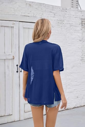 Image of Iandroiy Women's Lightweight Open Front Cardigans Casual Short Sleeve Blouse Tops