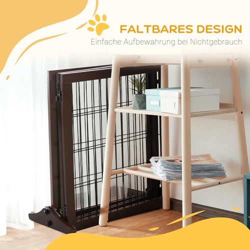 PawHut Absperrgitter Hund Freistehendes Schutzgitter mit Füßen 185 x 71 cm Holz Hundegitter Treppenschutzgitter Treppengitter Hundeabsperrgitter für Treppen, Türen, Küche, Flur, 3 Paneelen, Braun