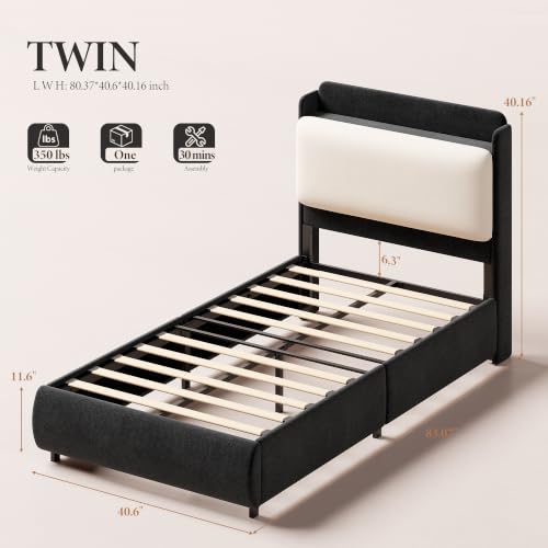 Image of Garvee Twin Size Bed Frame with Recessed Shelf for Kids- Black & Beige