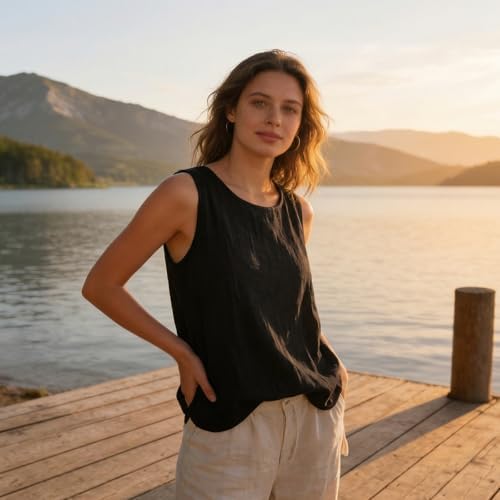 Off The Shoulder Tops for Women Womens Tank Top Linen Shirt Women Cotton Linen Sleeveless Summer Casual Loose Shirts 2026 Hawaiian Boho Crew Neck Gauze Basic Camisole Beige L - 2