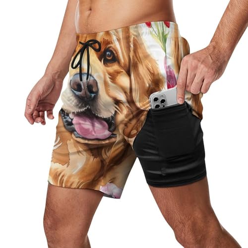 Deiubuc Mens Golden Retriever and Tulips Swim Trunks with Compression