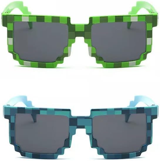 Kizrr Kids Size - [2 Pack] Thug Life 8-Bit Pixel Pixelated Gamer Sunglasses - [Green Blue]