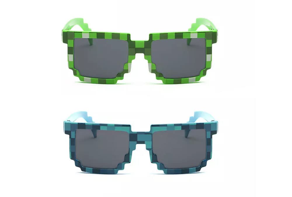 Kizrr Kids Size - [2 Pack] Thug Life 8-Bit Pixel Pixelated Gamer Sunglasses - [Green Blue]