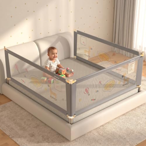 Image of Cherilo Bed Protector for Baby Falling | (6.5ft x 6ft x 6.5ft / 200cm x 180cm x 200cm), 3 Side | Foldable & Height Adjustable | Breathable Mesh, Kids-Friendly Prints | Grey (Pack of 3)