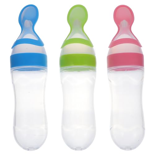 HEALLILY 3 Colors Baby Spoon Silicone Squeeze Feeding Bottle:Dispensing Spoon Food Rice Infant Toddler Feeding Bottle with Spoon (Pink, Green, Blue, Ideal for Over 4 Months Babies)