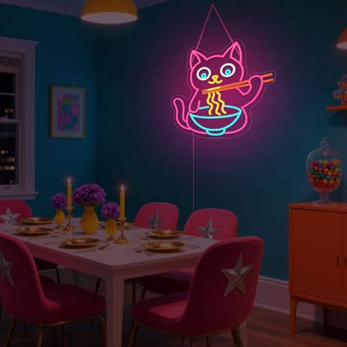 Image of Ramen Cat Neon Sign for Wall Decor, Cute Cat Neon Sign Ramen LED Signs for Wall Art Decor Restaurant Home Bar Kitchen Dining Bedroom Art Decor Christmas Gifts