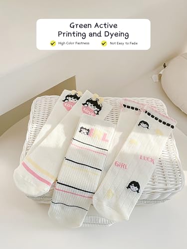 Girls Socks Ribbed Cuffs Keen High Crew Socks Cartoon Bow Flower Mesh Knit Cotton Colorful Socks for Girls 3 Pairs3