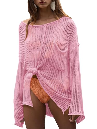 Saodimallsu Womens Sheer Swimsuit Coverup Top Bell Long Sleeve Mesh Ribbed Boat Neck Side Slit Beach Vacation Outfits