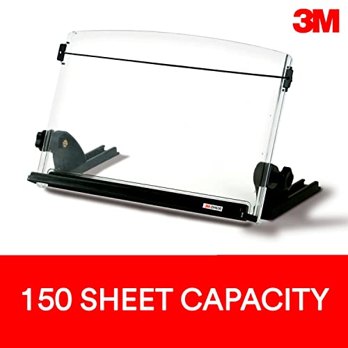 3M Adjustable Document Copy Holder, In-line with Monitor Minimizing Head and Neck Movement, 150 Sheet Capacity Holds Sheets to Books, Elastic Line Guide Keeps Pages Open, 14" Wide, Black (DH630) - Black/Clear