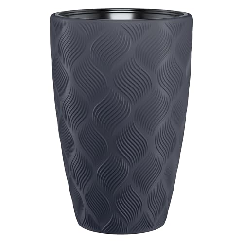 B2C Round Tall Plant Pot Elegant Large Flower Indoor Outdoor Garden Planters Flow High 5 Colours Wave Plastic Textured With insert (Anthracite, H58cm x D38.5 cm)