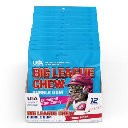Image of Big League Chew Curveball Cotton Candy Bubble Gum - Tasty Cotton Candy Delight | Ideal for Baseball Games, Teams, Concessions, Parties, and More | Pack of 12 Bags (2.12oz Each)