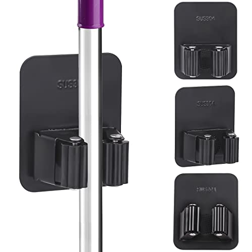 Tikplus Mopp-Besen-Halter, 3 Stück, schwarz, selbstklebend, Edelstahl, ohne Bohren, Gartenwerkzeug-Organizer für Badezimmer, Küche, Büro, Schrank, Garage