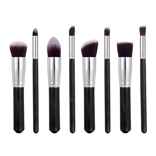 eBoTrade Professional Cosmetic Brush Set for Liquid or Flawless Buffing Stippling Concealer Dense Bristles Flat Top Kabuki Powder Foundation 8 PCS Silver Black