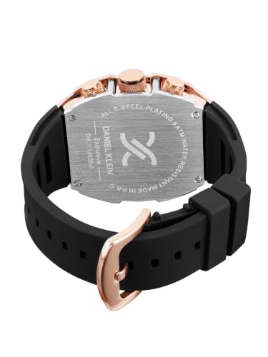 Image of Daniel Klein Analog Black Tonneau Dial Rose Gold Case Black Silicone Strap Chronograph Water-Resistant Wrist Watch for Men Boys DK.1.13638-6