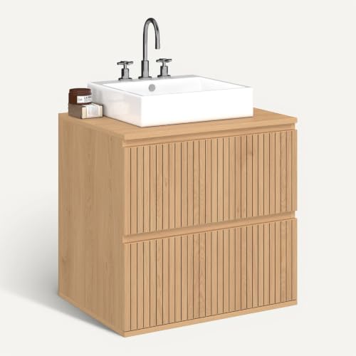 Meuble sous vasque suspendu salle de bain VICTOR 2 tiroirs effet lattes - vue 8
