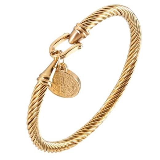 Pulseira Feminina "Única" São Bento em Aço Inoxidável 316L Banhada a Ouro 18k, Medalha Religiosa de Proteção, 21cm