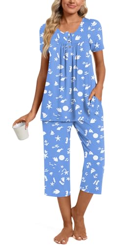 Image of Womens Summer Pajama Sets 2 Piece Short Sleeve Top and Capri Pants Plus Size Ladies Lounge Pjs Sets with Pockets