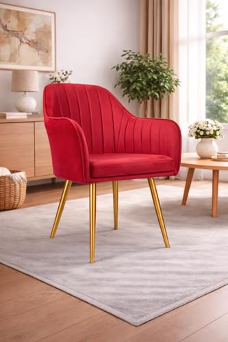 Image of Accent Chair for Living Room| Soft Velvet Fabric Armchair with Multi Colour Leg Options | Modern Chair with Thick Cushion for Home Office restaurent and cafes| 1pc (Golden Legs, Red)