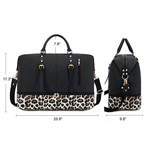 Canvas Overnight Bag Travel Duffel Genuine Leather for Men and Women Weekender Tote (Y-Black)