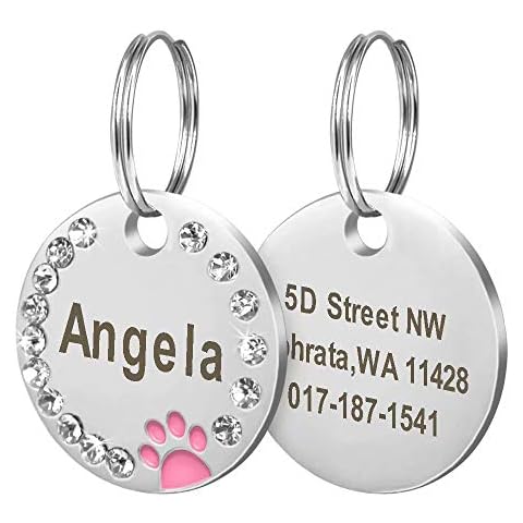 Didog Stainless Steel Custom Engraved Pet ID Tags,Round Crystal Rhinestones Tags with Pretty Paw Print,Double-side Laser Engraving Tags Fit Small Medium Large Dogs and Kittens,Pink Cover