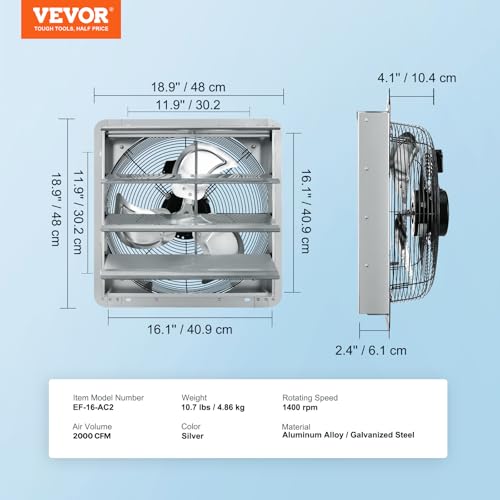 Image of VEVOR 16 Inch Shutter Exhaust Fan Wall Mounted Automatic Louvers Silver, Sturdy Steel Housing, 2438 CFM Low Noise, AC Motor, Ventilation and Cooling for Attic, Garage, Barn, Greenhouse, Workshop