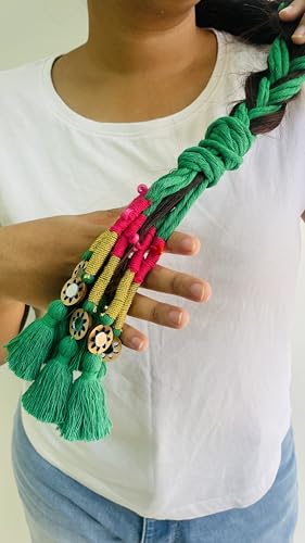 Image of Zippy Flora Handmade Boho Parandi / Paranda Traditional Hair Accessory for Women & Girls | Ethnic Braided Hair Tassels, Choti Hair Extension, Decorative Braid Jewelry for Festive & Wedding Hairstyles (Dark Green)