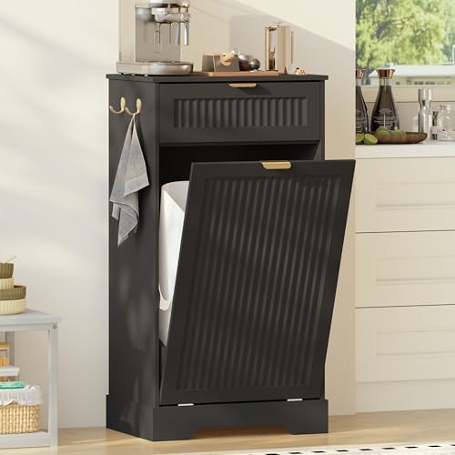 Image of Single 13 Gallon Tilt Out Trash Can Cabinet,Garbage Cabinet with Drawer | Hidden Garbage Storage with Fluted Design, Drawer & Hooks for Kitchen, Dining Room and Small Space Organization,Black