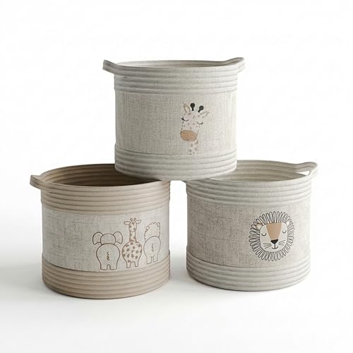 Image of RGI Home Decorative Storage Baskets with Safari Animal Prints – Set of 3 Round Fabric Rope and Linen Organizer Bins for Nursery or Playroom, Multi-Sized with Easy-Carry Handles, Ivory, Tan, and Linen