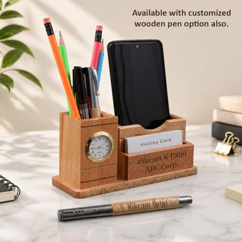 Image of Deskart Customized Multipurpose Pen Holder Stand | Premium Wooden Desk Organizer with Clock, Business Visiting Card and Mobile Holder