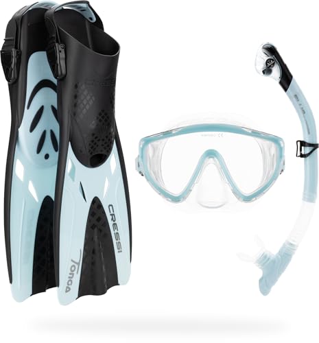 CRESSI Tino Adventure Set Black/Ice Cyan L/XL - Conjunto de Aletas Tonga, Máscara Tino y Tubo Scilla, para Snorkel y Buceo, Negro/Azul Hielo, L/XL, Adulto