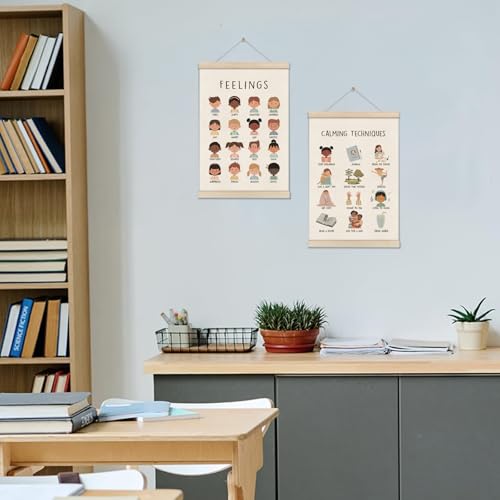 Image of Feelings Chart, Emotions Learning Posters for Toddler, Mental Health Posters Hanger Frame, Set of 2 Kids Montessori Educational Artwork, Canvas Wall Art Decor for Counseling Office 16x12 Inch