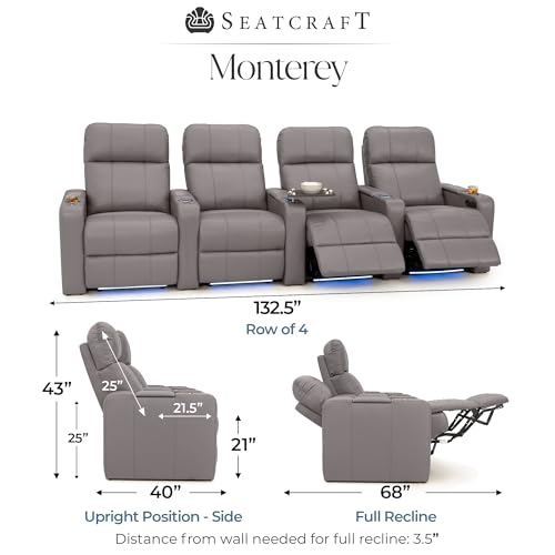 Image of Seatcraft Monterey Home Theater Seating Gray Row of 4 | Italian Leather, Wall Hugger, Zero Gravity, Powered Headrest, Power Recline, Zero Gap, USB charging