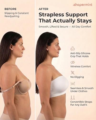 Image of SHAPERMINT Strapless Bra, Wireless Non-Slip Bandeau, Convertible Straps, Molded Strapless Bras for Women S to Large Breasts