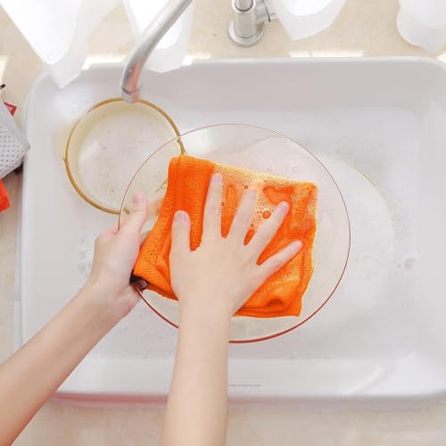 Image of Kitchen Cotton Lint Free Waffle Weave Hand Towels, Quick Drying Dish Cloths, Highly Absorbent Dish Rags Tea Towels Set with Hanging Loop, 13.4 inchx 13.4 inch, Orange, Pack of 6